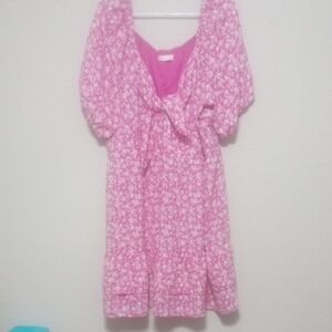 LC Lauren Conrad Pink Midi Dress with White Floral Design